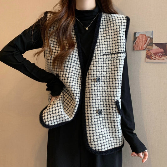 Damen Strickweste Karomuster Mit Taschen Anthrazit - Eveloria