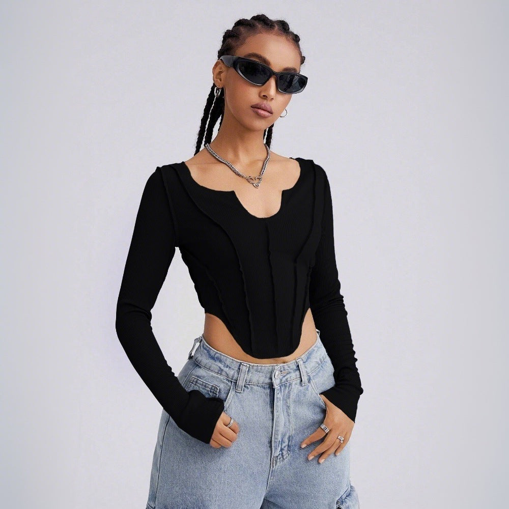 Damen Langarm Bodysuit V-Ausschnitt Cut-Out-Details