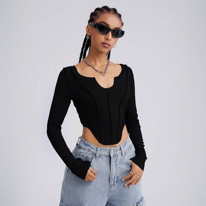 Damen Langarm Bodysuit V-Ausschnitt Cut-Out-Details