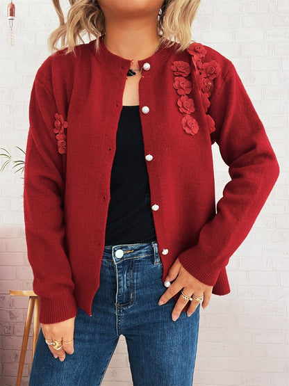 Damen Strickjacke Florale Applikationen Knöpfe Beige