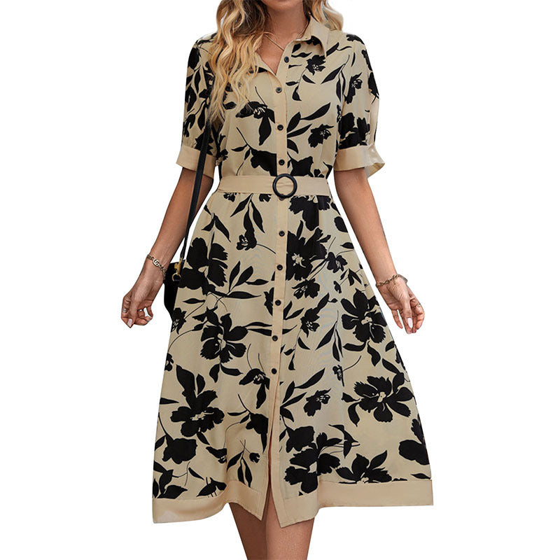 Damen Midikleid Floralmuster Taillierbarer Gürtel Eveloria