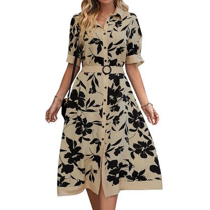 Damen Midikleid Floralmuster Taillierbarer Gürtel Eveloria