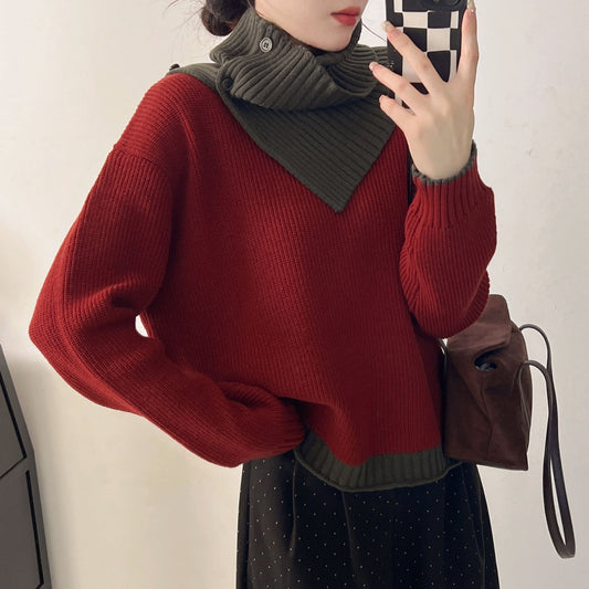 Damen Strickpullover mit Kragen und Knöpfen Schwarz - Eveloria