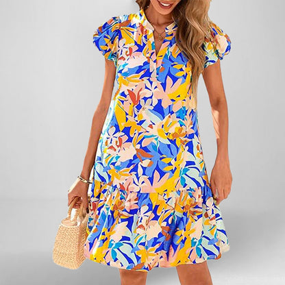 Damen Kleid Kurzarm Fließend Rüschensaum Eveloria