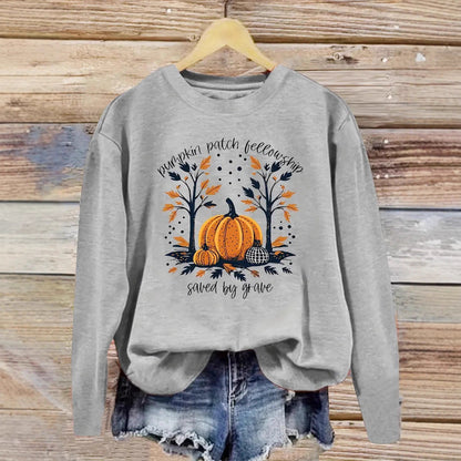 Damen Sweatshirt Herbstlich Kürbis Motiv Lässig Grau Eveloria