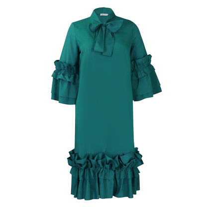 Damen Midi-Kleid Voluminöse Rüschenärmel Elegante Schleife