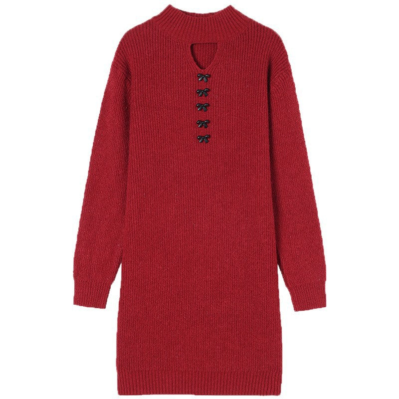 Damen Strickkleid Dekorativer Ausschnitt Komfortabler Schnitt Eveloria