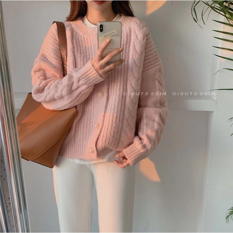 Damen Strickcardigan Kuschelig Perlenknöpfe Beige