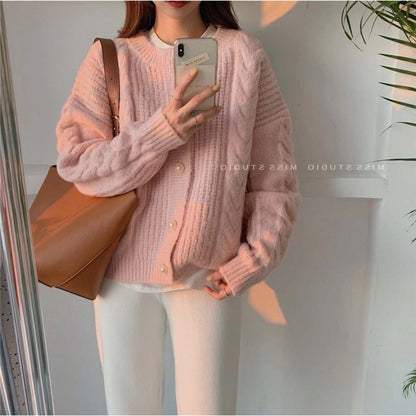 Damen Strickcardigan Kuschelig Perlenknöpfe Beige