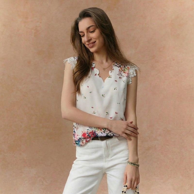 Damen Bluse Floralmuster Spitzenbesatz Eveloria - Eveloria