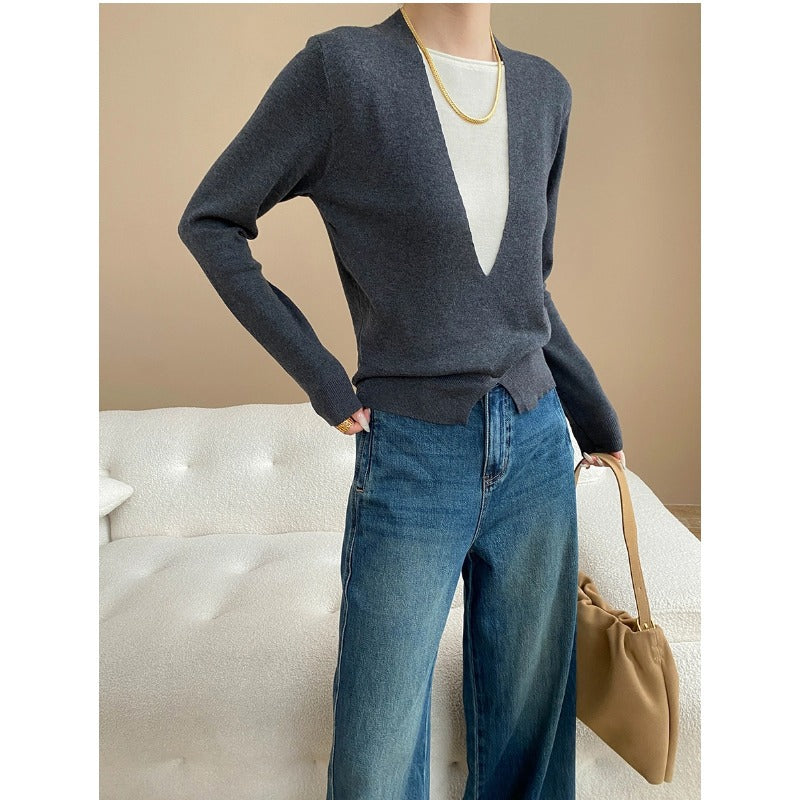 Damen Pullover V-Ausschnitt Feine Textur Figurbetonter Taillierung