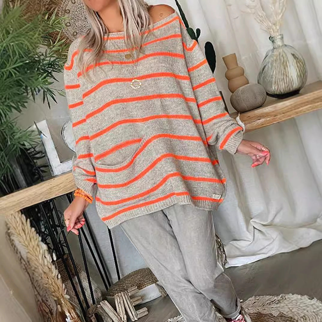 Damen Strickpullover Langärmlig Mit Taschen Beige