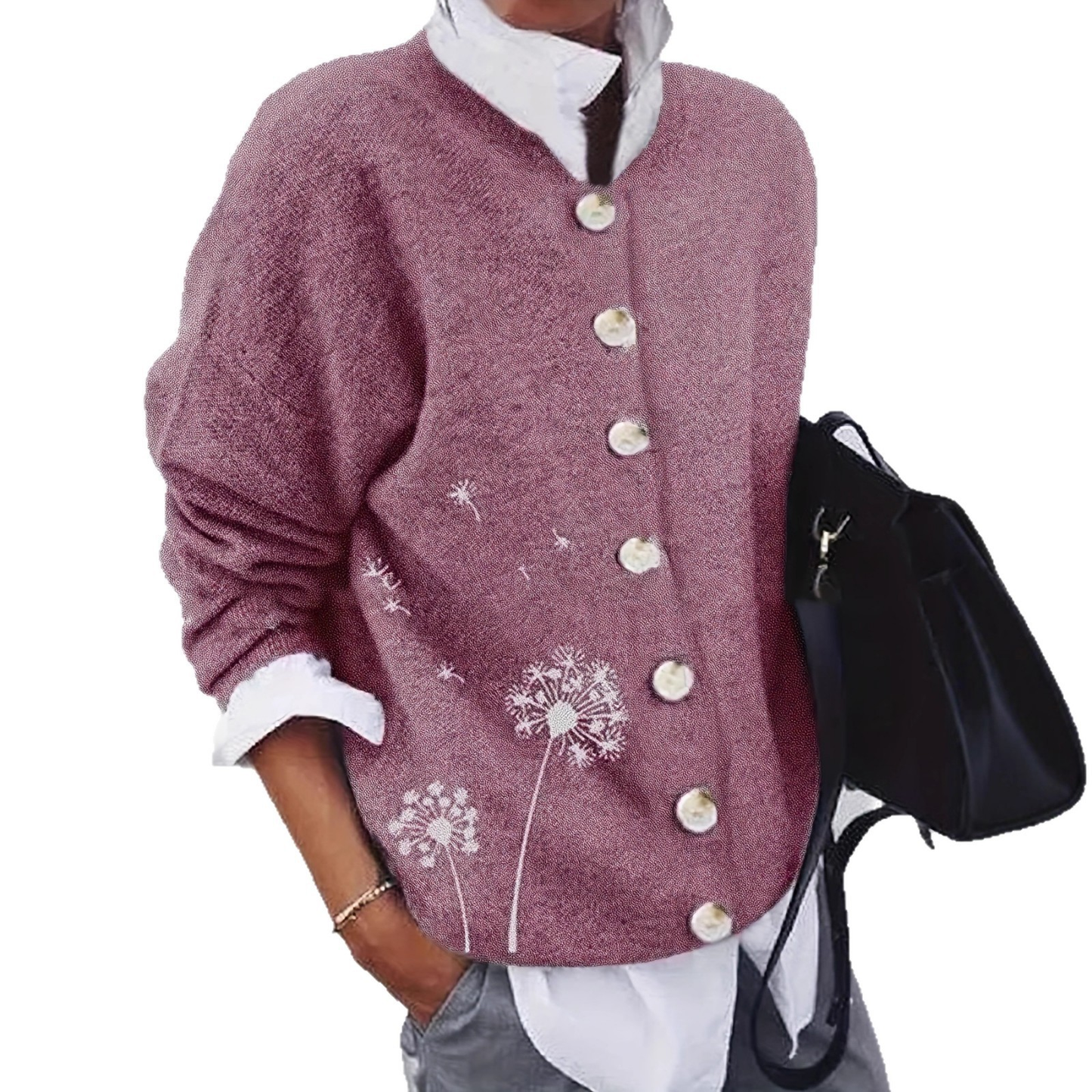 Damen Strickjacke Löwenzahn Muster Knopfleiste Blau