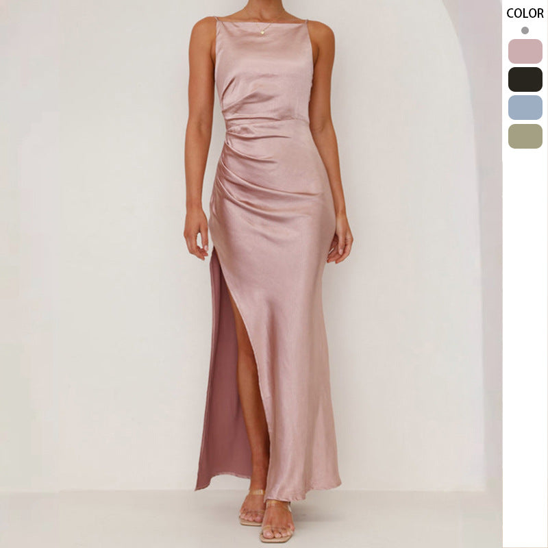 Damen Satin Maxikleid mit Raffungsausschnitt und Seitenschlitz - Eveloria