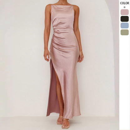 Damen Satin Maxikleid mit Raffungsausschnitt und Seitenschlitz - Eveloria