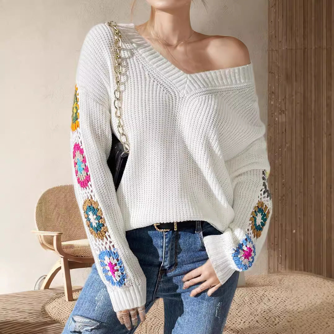 Damen Strickpullover mit Häkelmotiven und einzigartigem Schnitt