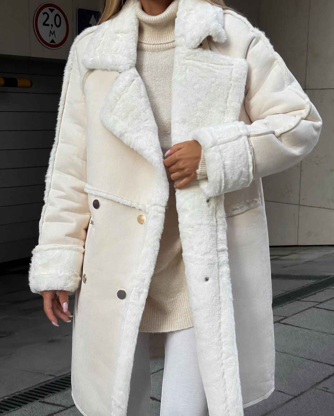 Damen Winterjacke Lang Reverskragen Fleece