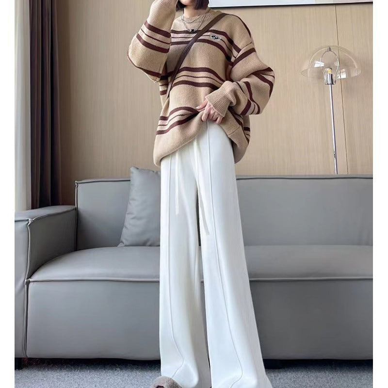 Damen Strickpullover Oversized Breites Streifenmuster Beige