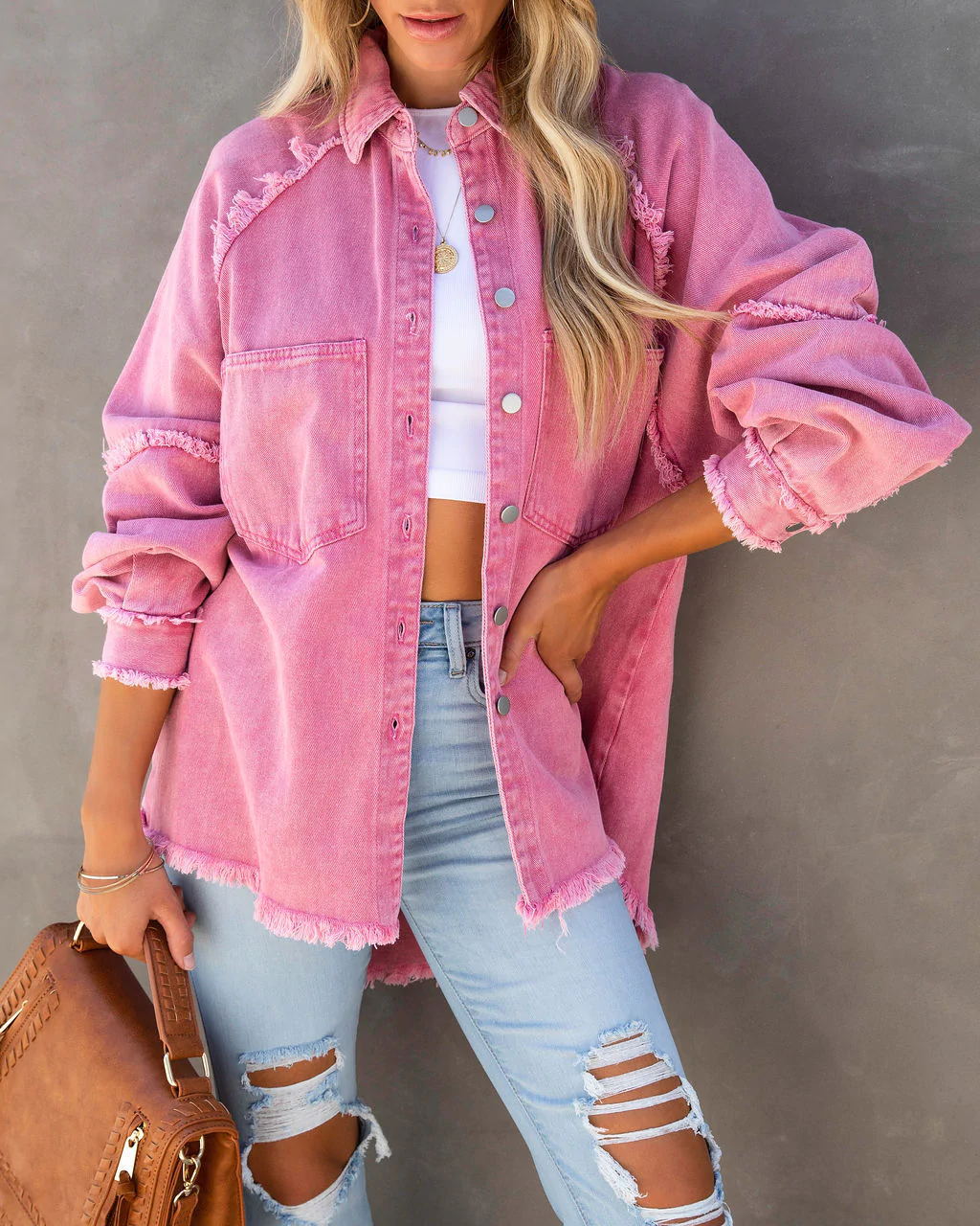 Damen Oversized Denim-Hemdjacke Fransen Detail Blau Eveloria