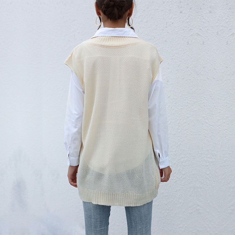 Damen Strickweste V-Ausschnitt Zopfmuster Beige