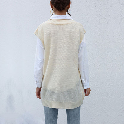 Damen Strickweste V-Ausschnitt Zopfmuster Beige