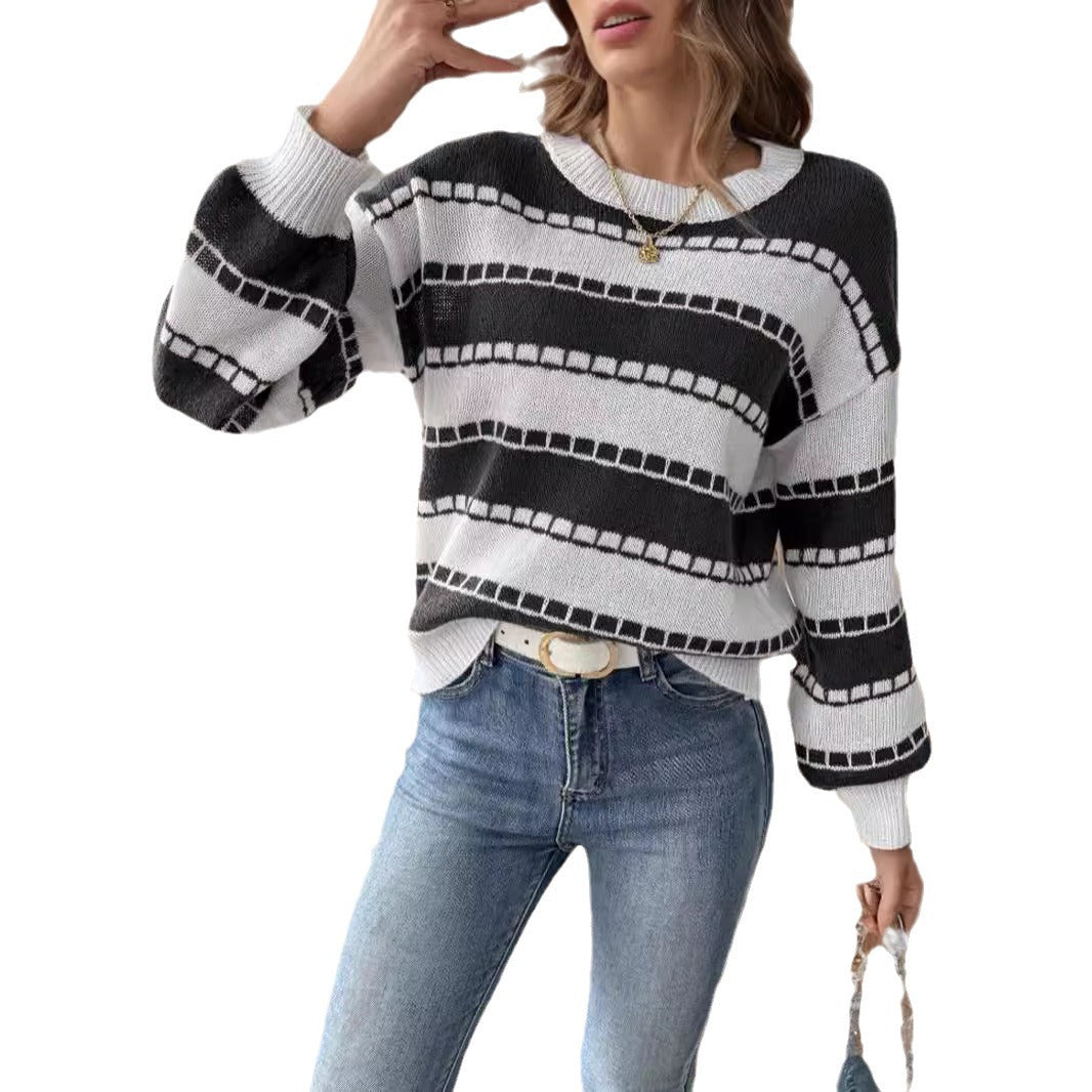 Damen Grobstrickpullover Breite Streifen Lässige Ärmel Eveloria