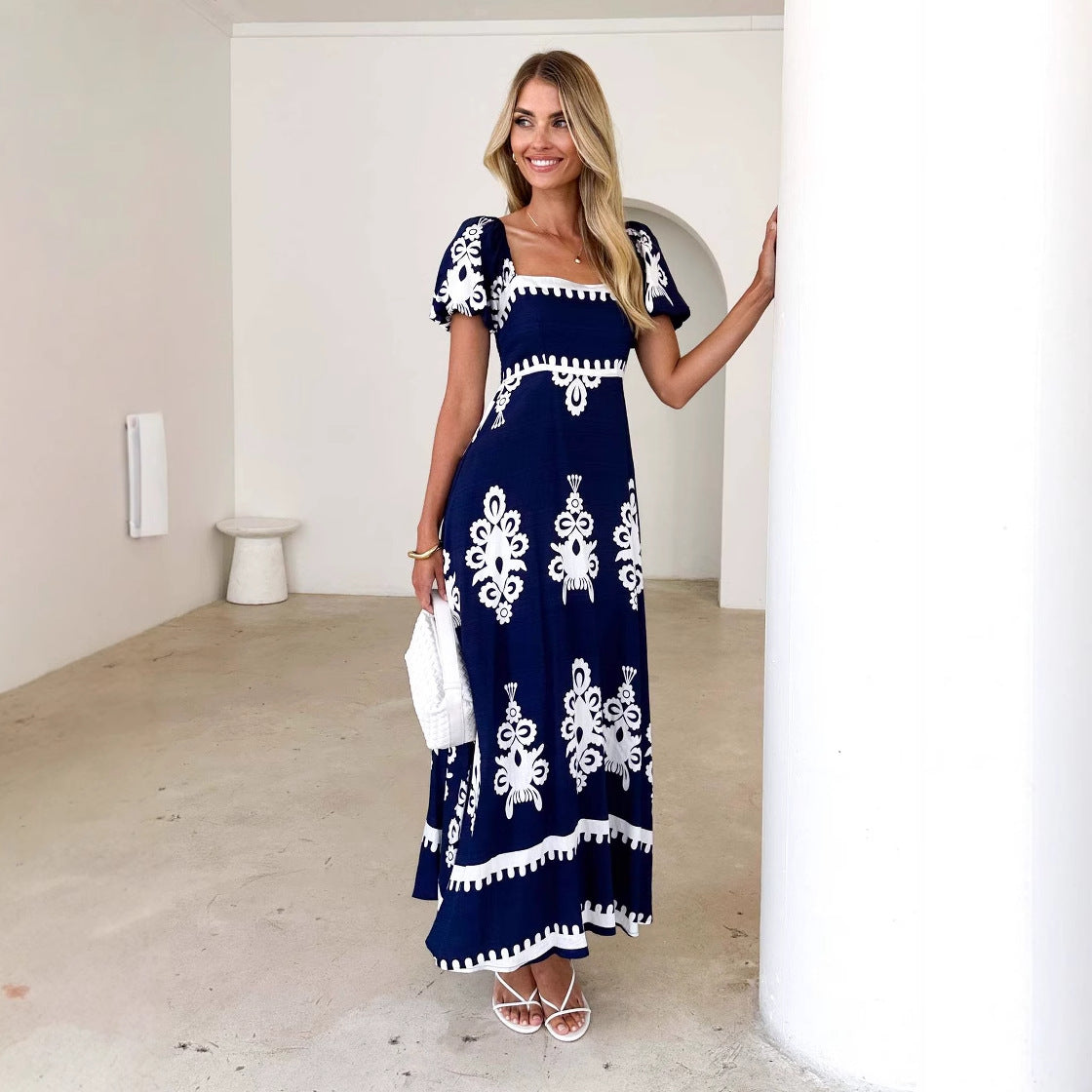 Damen Maxikleid Puffärmel Grafisches Muster Eveloria