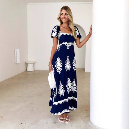Damen Maxikleid Puffärmel Grafisches Muster Eveloria