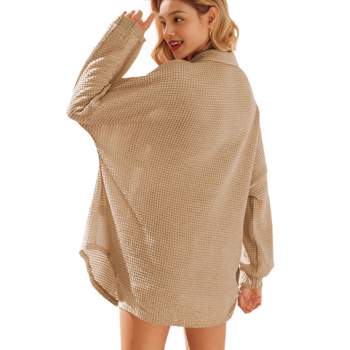 Damen Oversized-Hemdjacke Waffelmuster Eveloria