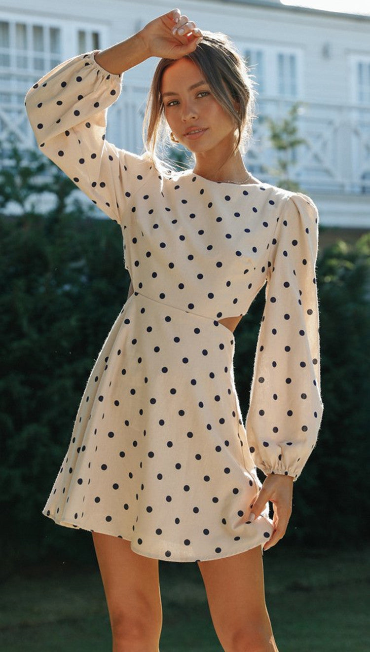 Damen Minikleid Polka-Dots Tailliert Voluminöse Ärmel