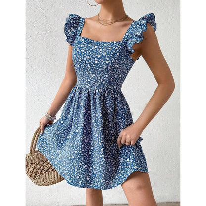 Damen Sommerkleid Rüschendetails Quadrat-Ausschnitt Eveloria