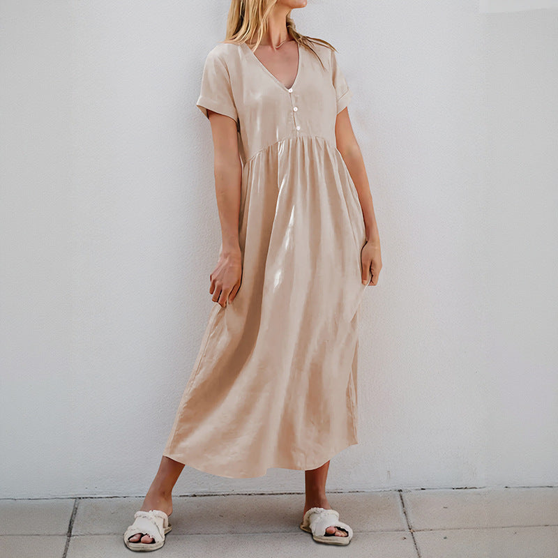 Damen Maxikleid V-Ausschnitt Dekorative Knöpfe Eveloria