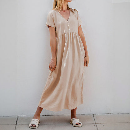 Damen Maxikleid V-Ausschnitt Dekorative Knöpfe Eveloria