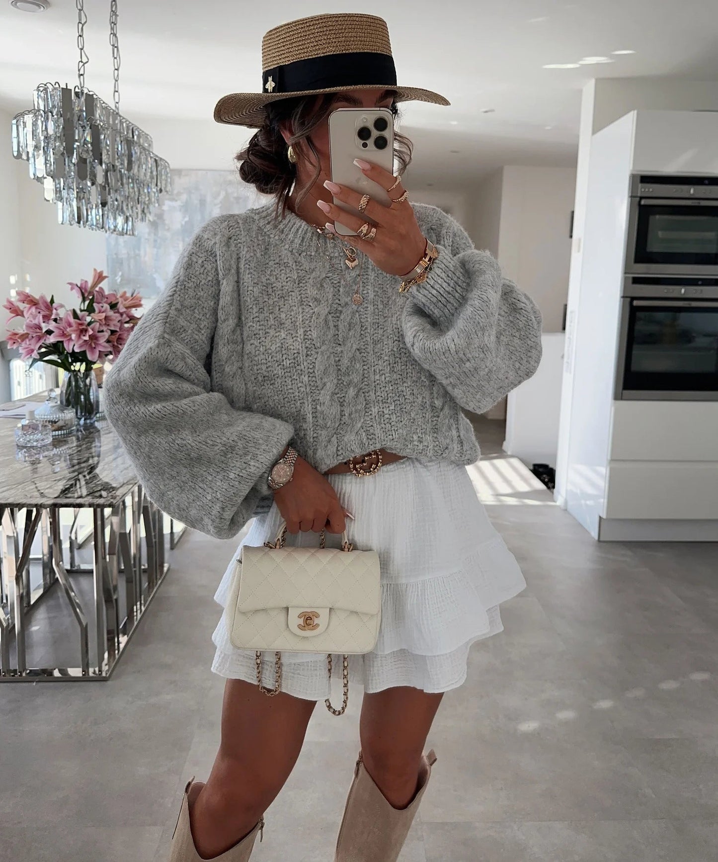 Damen Grobstrickpullover Voluminöse Ärmel Zopfmuster