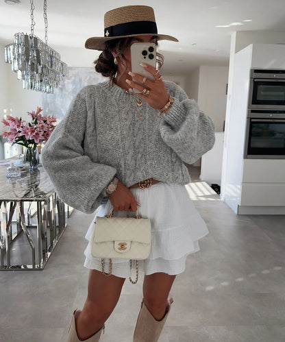 Damen Grobstrickpullover Voluminöse Ärmel Zopfmuster