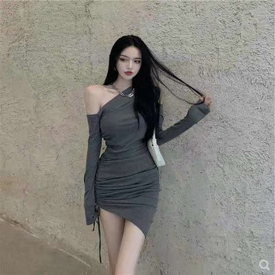 Damen Minikleid Asymmetrischer Ausschnitt Figurbetonter Raffungseffekt - Eveloria
