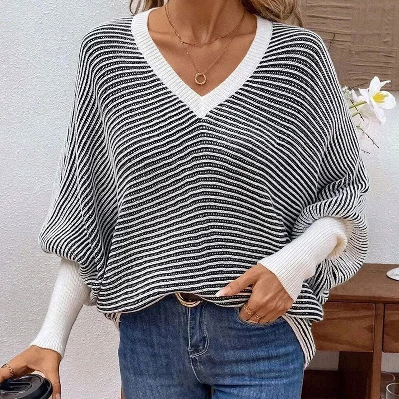 Damen Strickpullover Streifenlook V-Ausschnitt