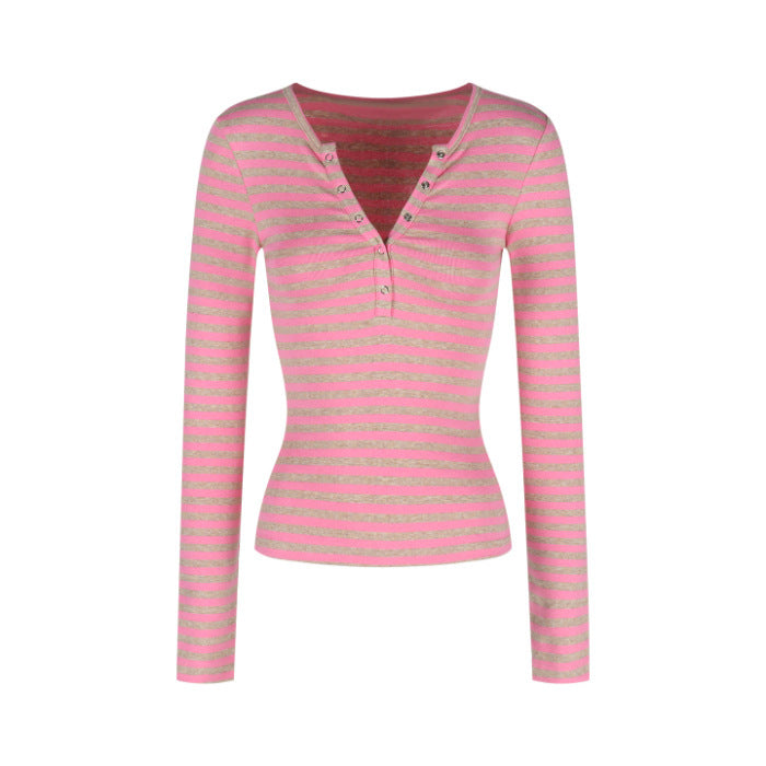 Damen Langarmshirt Modern Streifen Knopfleiste Eveloria