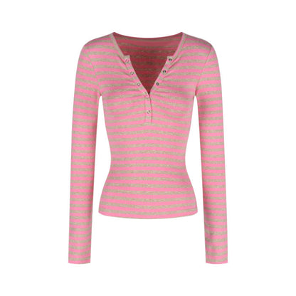 Damen Langarmshirt Modern Streifen Knopfleiste Eveloria