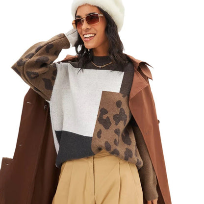 Damen Grobstrickpullover Leo-Design Bunt