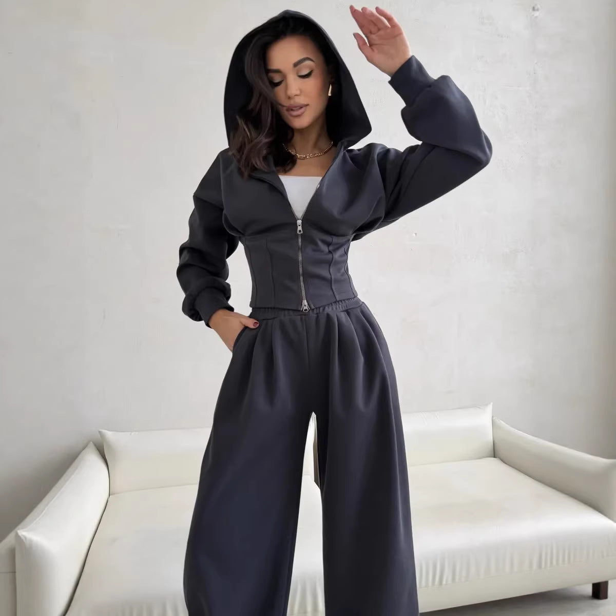 Damen Urban Style Hoodie und Hose Set Cropped Grau