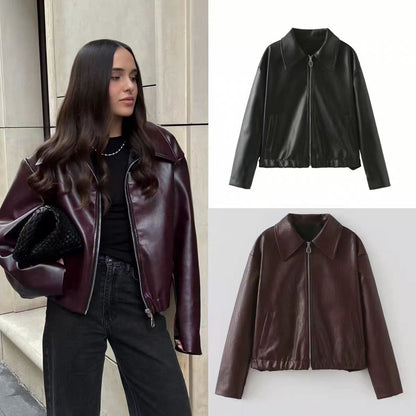 Damen Kunstlederjacke Stylischer Kragen Eveloria