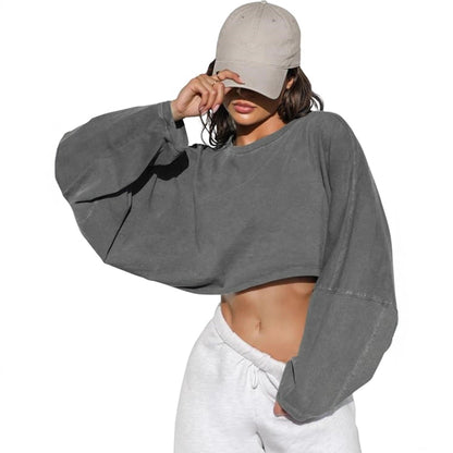 Damen Cropped Sweatshirt Voluminöse Ärmel Lässiger Schnitt Grau