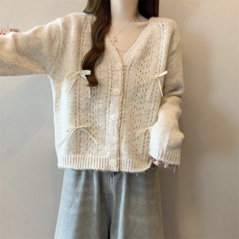 Damen Strickcardigan mit Schleifen Beige