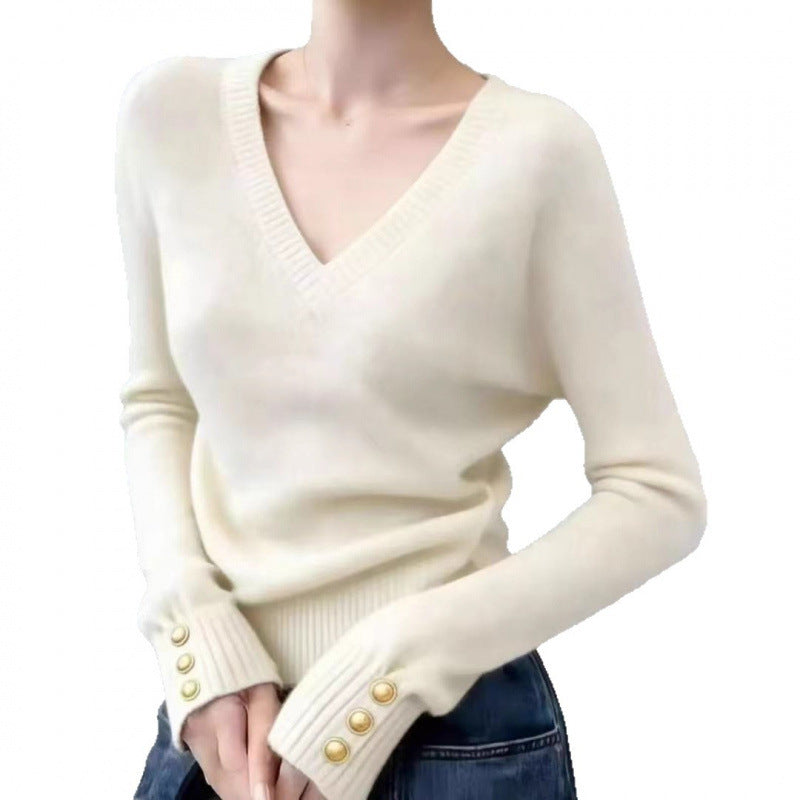 Damen Pullover V-Ausschnitt Feinripp mit Knöpfen Elegantes Design