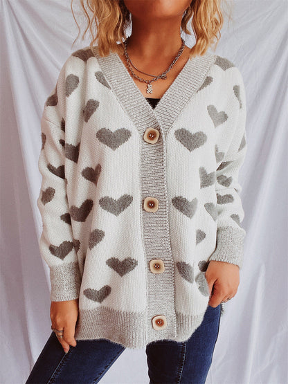 Damen Strickjacke Herzförmiges Muster Knöpfe
