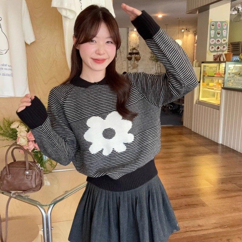 Damen Pullover Gestreift Mit Floralem Muster Lässig