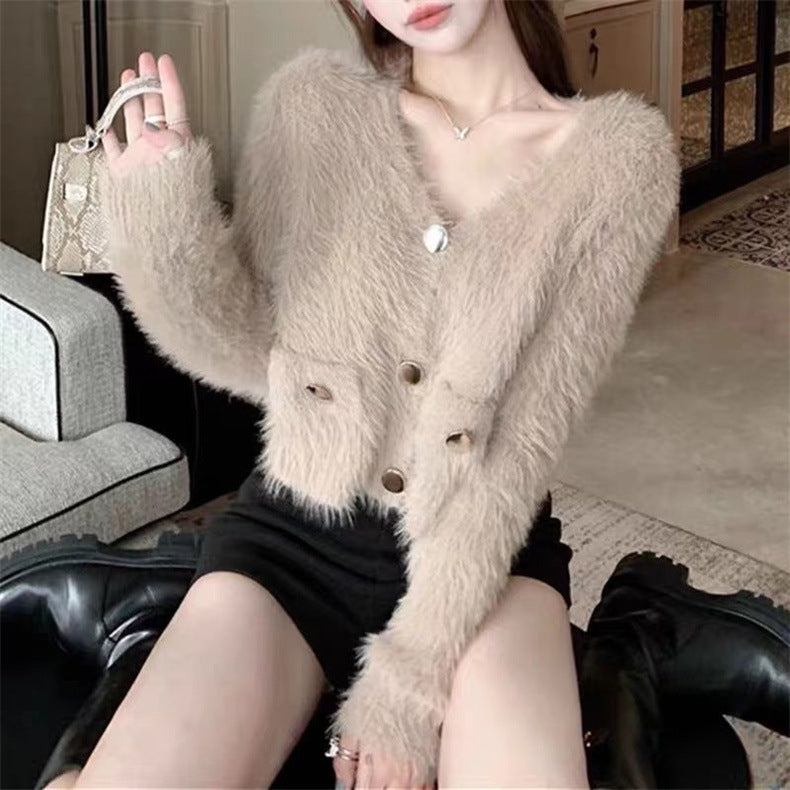Damen Flauschcardigan Knöpfe Taschen Beige