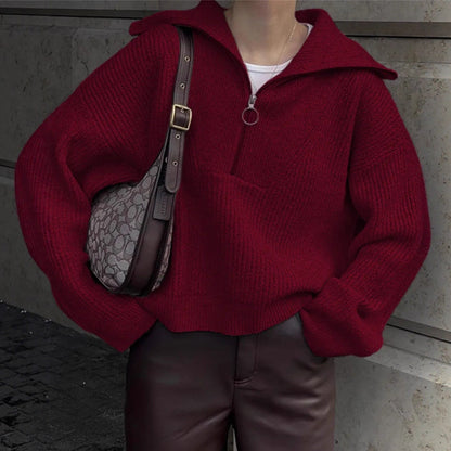 Damen Strickpullover Stehkragen Reißverschluss Grobstrick Eveloria