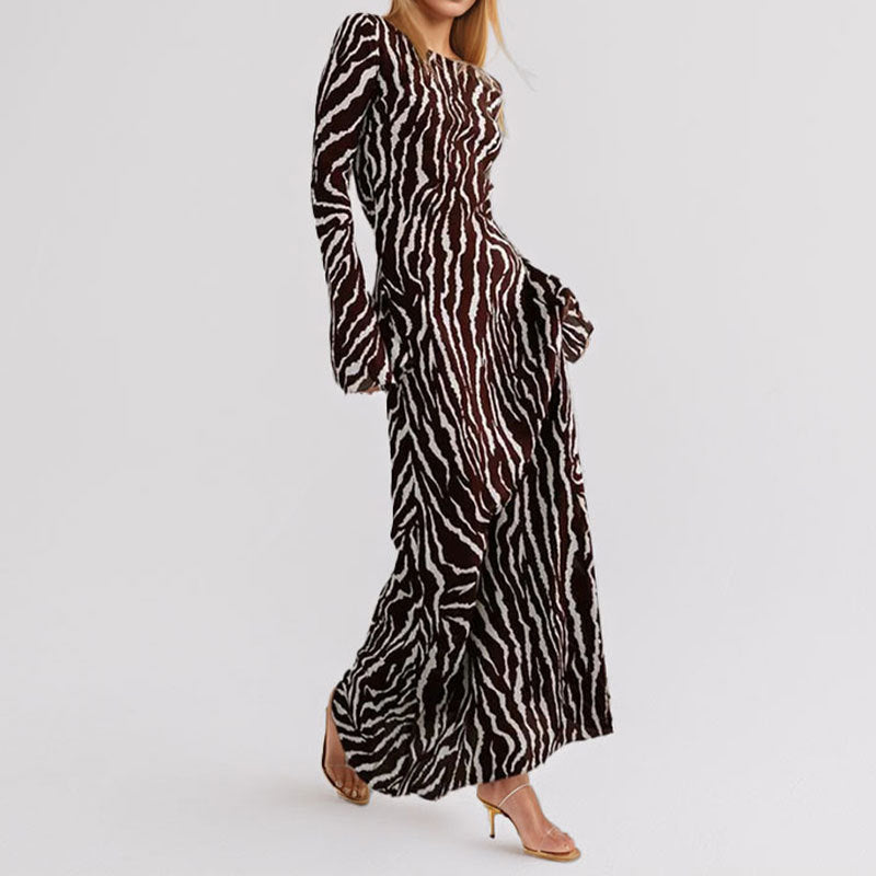 Damen Maxikleid Tiermuster Schimmerstoff Lang - Eveloria